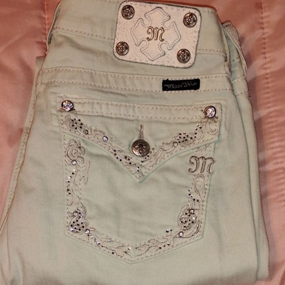Miss Me Mint Green Skinny Jeans with Intricate Embroidery
